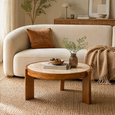 Table basse ronde de style Mid-Century de 80 cm (31,5 po), dessus en pierre frittée et structure en bois massif