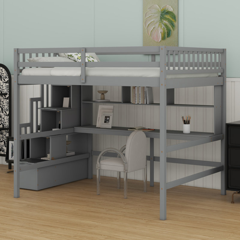 Loft Bed With Desk, Storage Shelves And Staircase, Gray