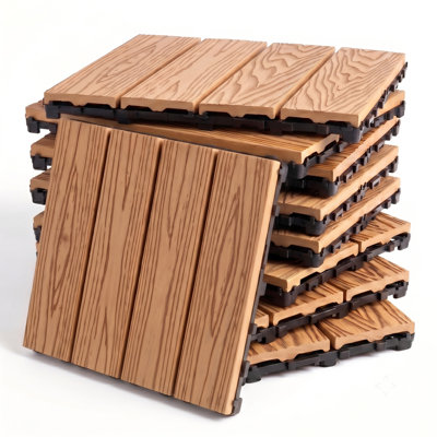 Dalles de terrasse emboîtables en composite bois-plastique (WPC), 30 cm x 30 cm, paquet de 25, dalles de sol de patio à 4 lattes en relief, aspect bois naturel, étanches et drainantes, pour balcon, jardin ou piscine.