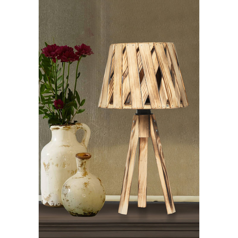 Lampe trépied en bois massif Sion, Brûlé naturel