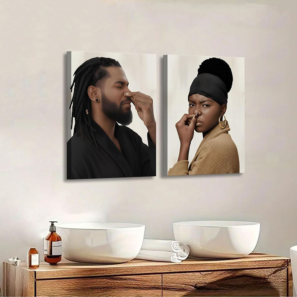 2Pcs Funny Black Men's And Women's Bathrooms Canvas Wall Art African Couple Toilet Pinch Nose Wall Decor Pictures Humour Black With A Stinky Posters P