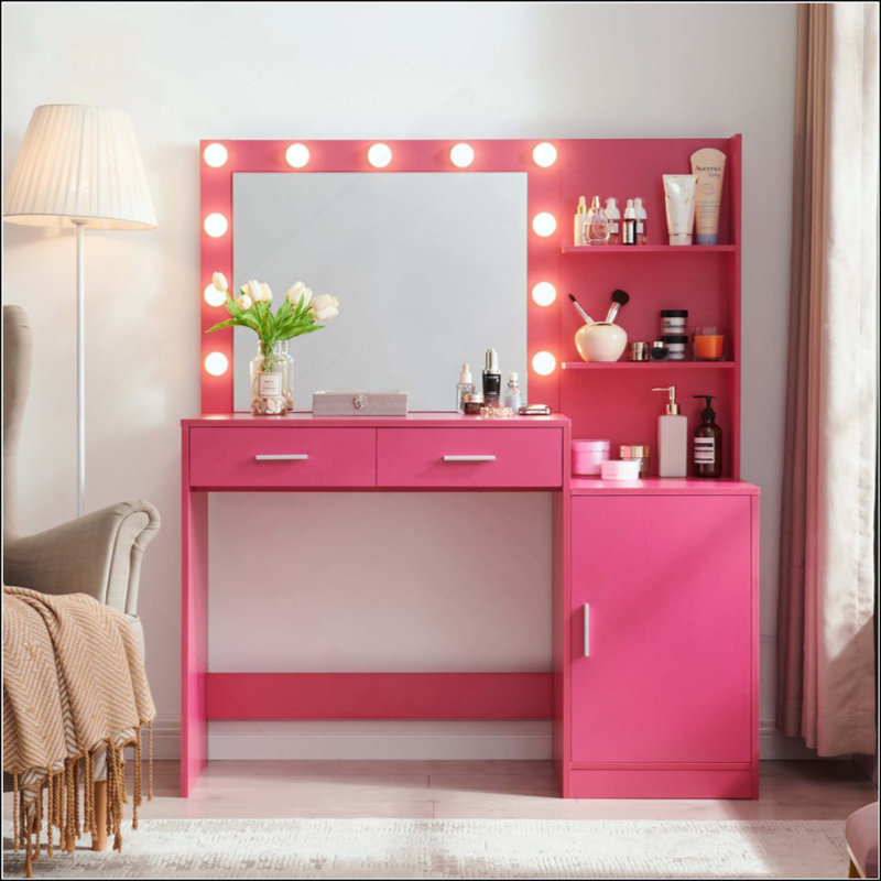 Vanity Desk With Mirror And Lights, 46.4IN Dressing Table With 2  Drawer&Large Vertical Organizer, 3 Level Dresser & 3 Lighting Modes Adjustable Brightness, Suitable For Bedroom