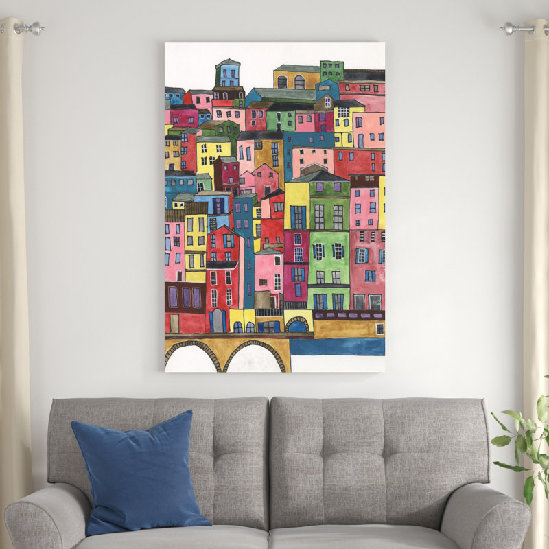 «Colorful City II» par Regina Moore - peinture sur toile tendue, H 48 po x l 32 po
