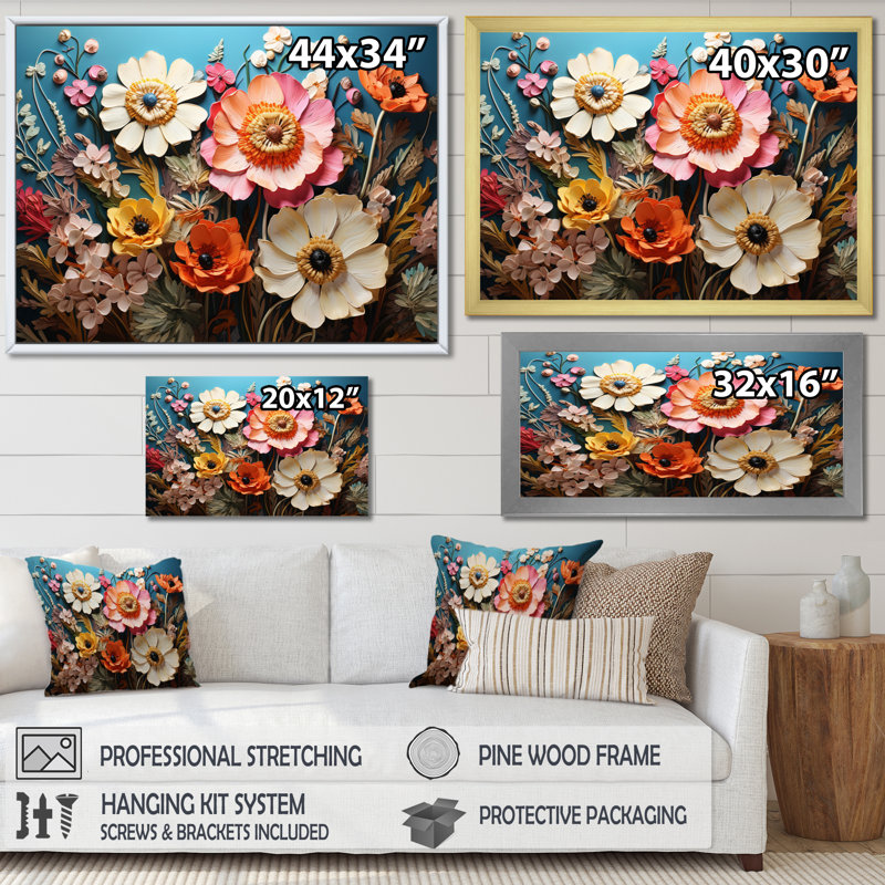 «White Pink Wildflowers Natures Symphony III», reproduction d'art sur toile, Cadre flottant doré