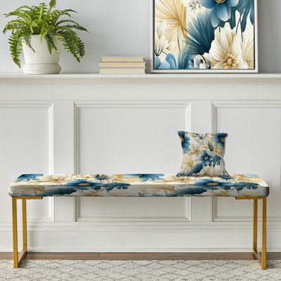 Beige et bleu Escape Flowers I - Banc rembourré floral doré