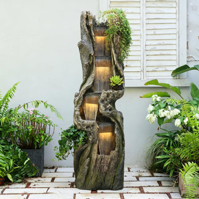 Fontaine d'extérieur en forme de tronc d'arbre à cascade de 170 cm de hauteur avec éclairage DEL