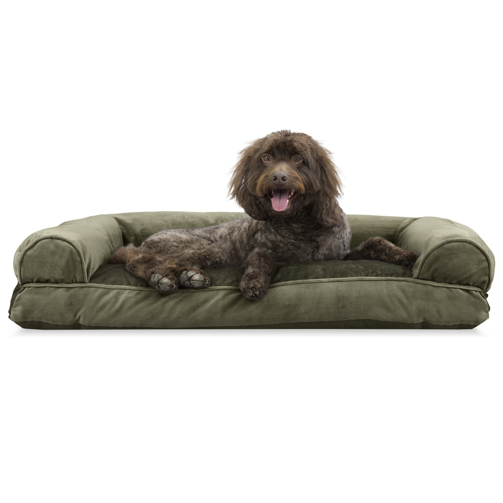Faux Fur & Velvet Pillow Sofa Pet Bed, Dark Sage, Large (36" W x 27" D x 6.5" H)