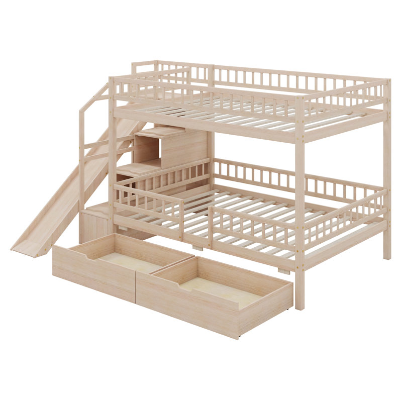 Lit superposé avec escalier de rangement, glissade et 2 tiroirs, lit superposé en bois avec garde-corps, aucun sommier nécessaire