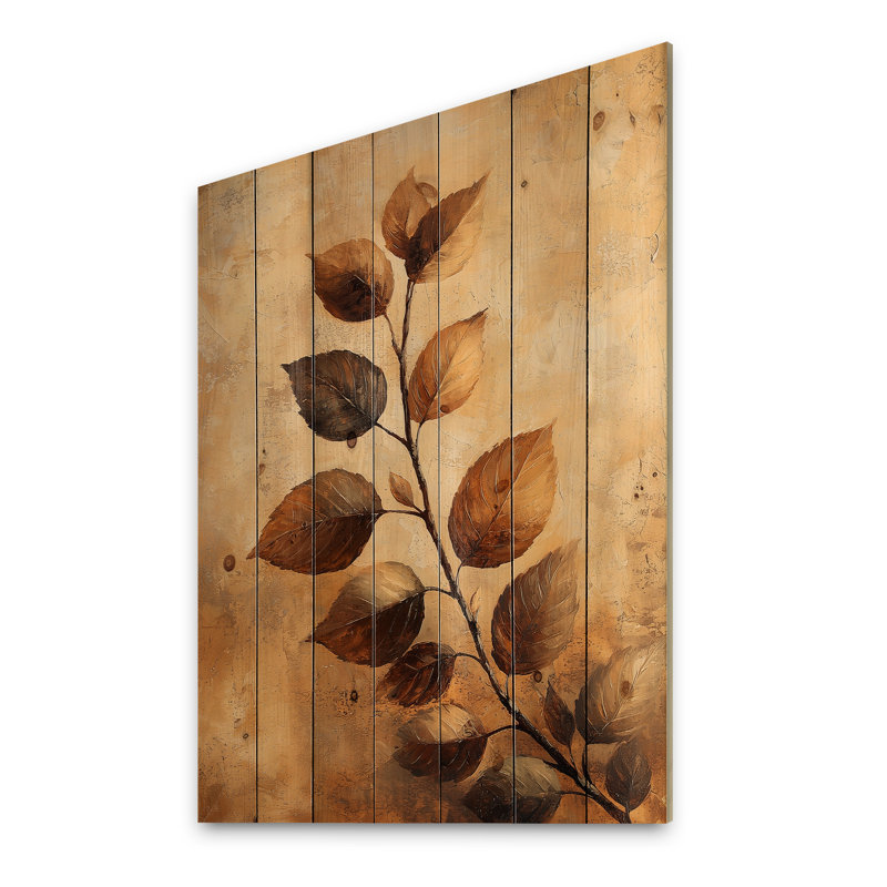 Brown Faded Sepia Leaves III - Leaves Wood Wall Decor - On Natural Pine Wood, 32" H x 24" W x 0.78" D