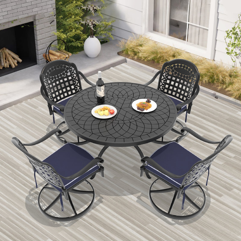 5-Piece Patio Dining Set, 47.24" Round Dining Table & 4 Swivel Chairs with Blue Cushions, 28.35" H x 47.24" L x 47.24" W
