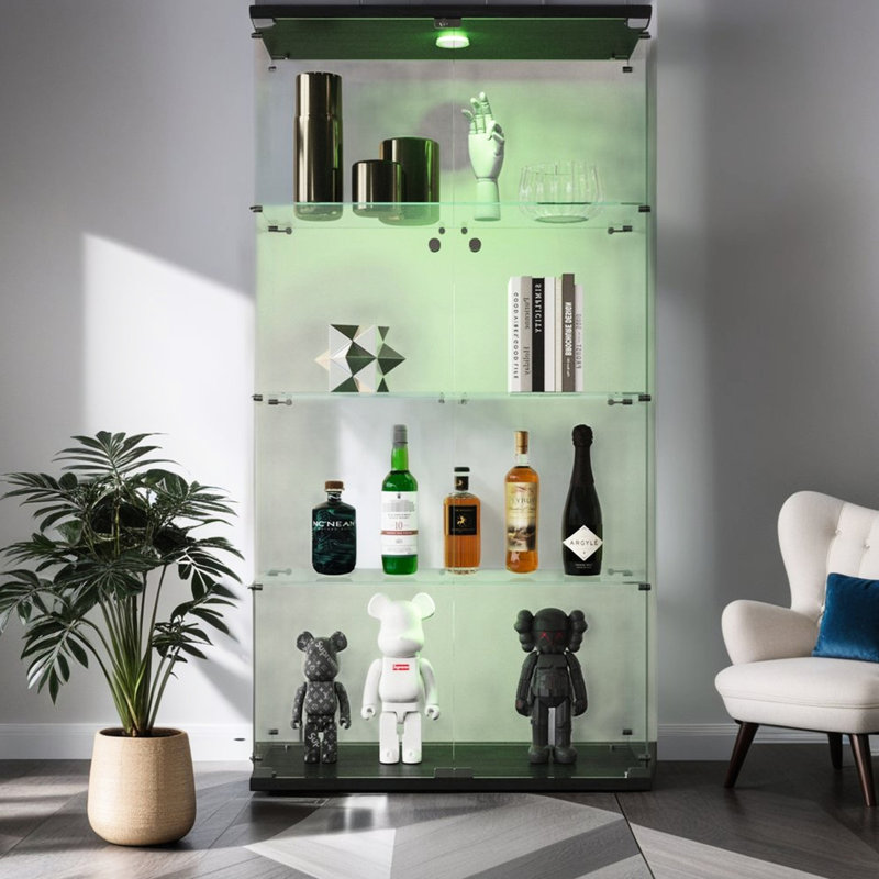 Lighted Two-door Black Glass Cabinet - 63.87”h X 32.32”l 14.44”w, 4 Shelves With Lights & 12 Color Settings Via Remote, Tempered Solid Wood, Safe , Security Lock, 15 Lbs Weight Capacity Per Shelf,