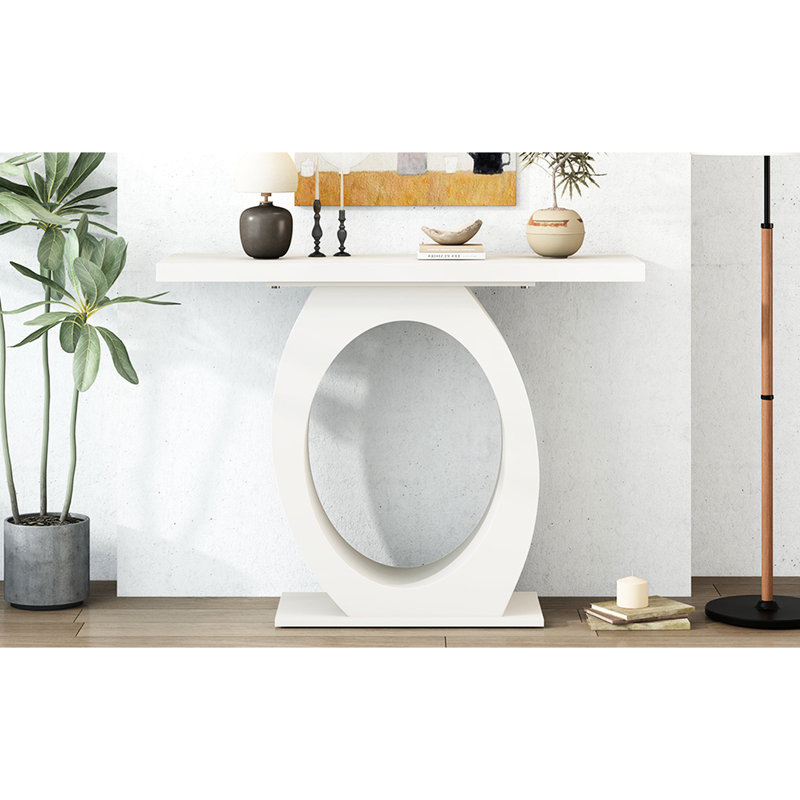 Table console chic en forme d'œuf. Beige. Profondeur : 102,4 cm, largeur : 38,7 cm, hauteur : 82 cm. Charge maximale : 100 kg. Meuble d'appoint tendance pour la chambre. Dimensions : profondeur, largeur et hauteur.
