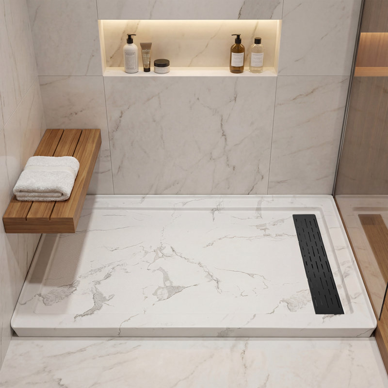 60"W x 32"D Rectangle Shower Base, Marble-Look Acrylic Shower Pan with Anti-slip Texture, Right, Matte Black