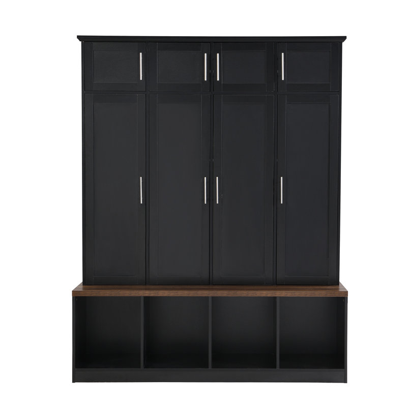 Versatile Hall Tree With 4 Hanging Hooks Wood Grain Bench With Multiple Storage Space, Entryway Cabinet With Open Compartments For Living Room, Hallway