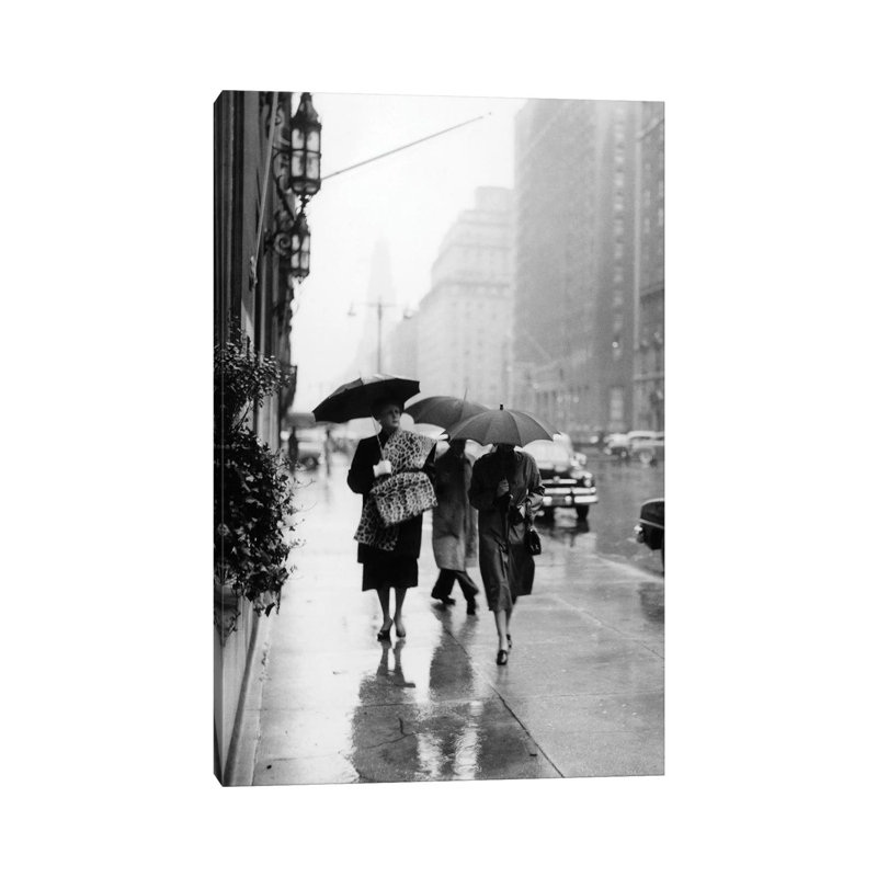 1950s Fashionable Woman Wearing Leopard Skin Muff And Stole Walking Down Rainy City Street - Wrapped Canvas Print