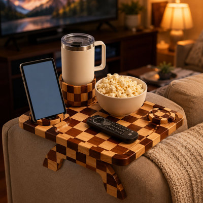 Checkered Rubber Wood Couch Arm Tray, Rotating Cup Holder