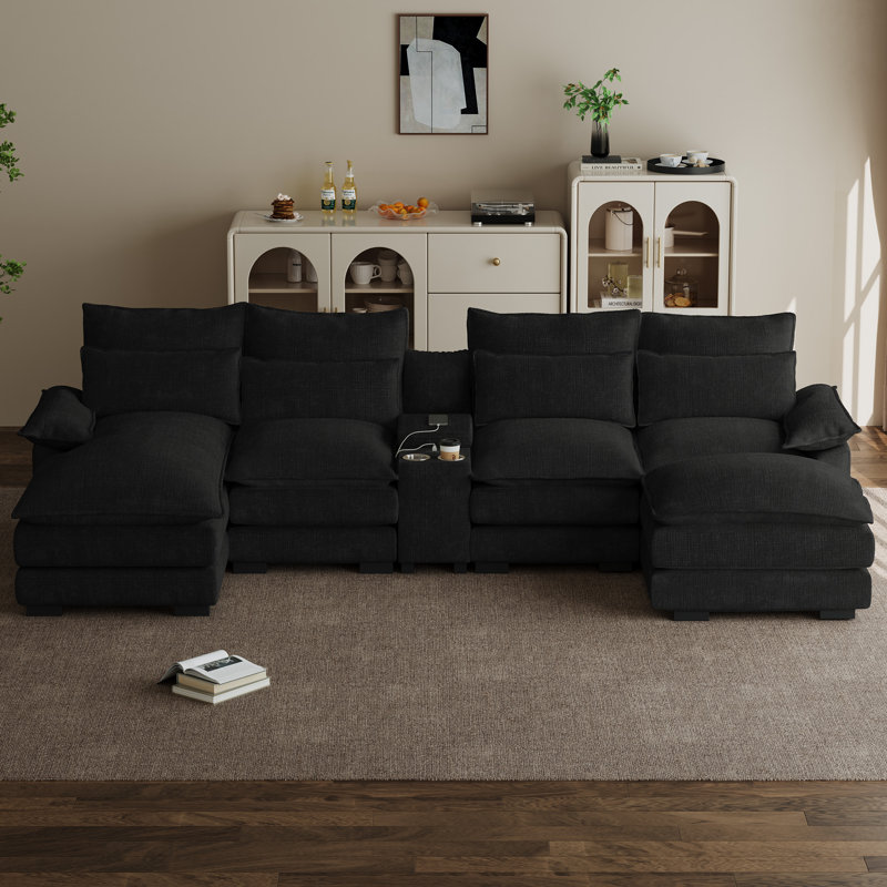 Canapé d'angle surdimensionné de 135 pouces en chenille nuage avec méridienne, console USB, porte-gobelets et pouf