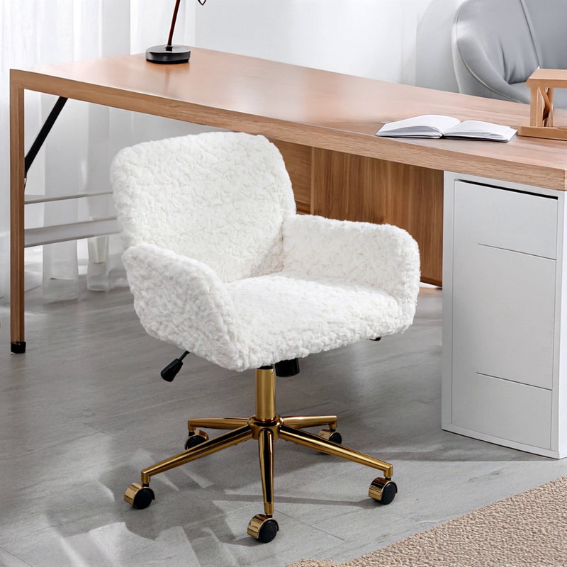 Fauteuil de bureau artificiel en poils de lapin avec base en métal doré, Velours beige