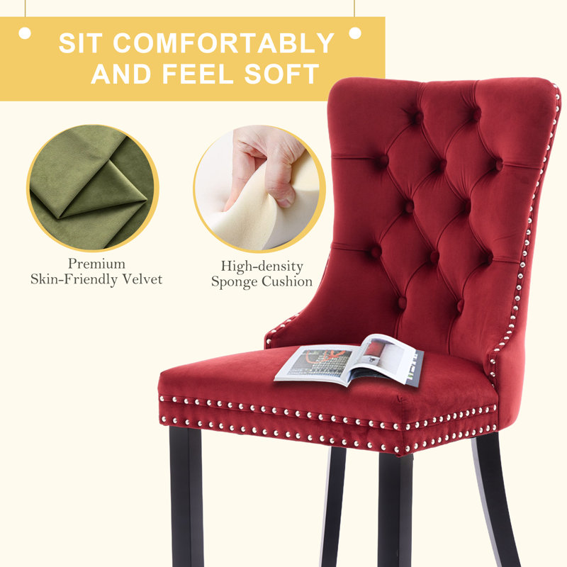 Wine Velvet Tufted Upholstered Dining Chairs with Wood Legs, Set of 6
