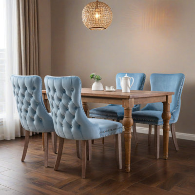 Upholstered Tufted Wing-Back Dining Chair with Backstitching Nailhead Trim and Solid Wood Legs, Set of 4