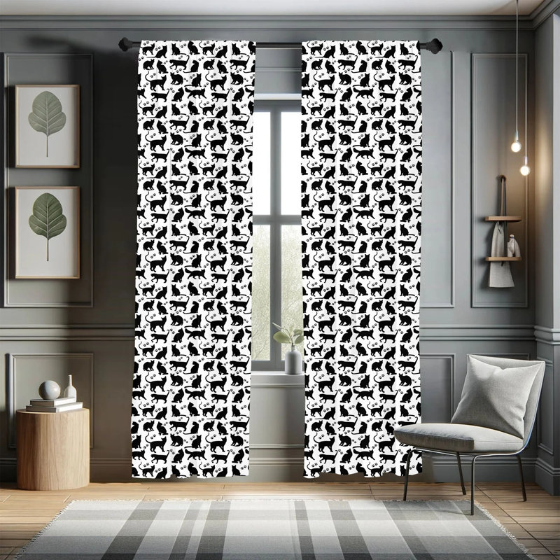 Black and White Cat Silhouette Polyester Room-Darkening Curtain Panels, 28" x 63"