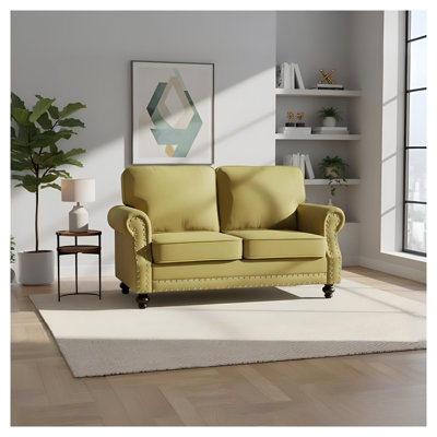 Traditional Velvet Loveseat with Nailhead Trim and Turned Wood Legs, 2-Seater Upholstered Sofa in Yellow