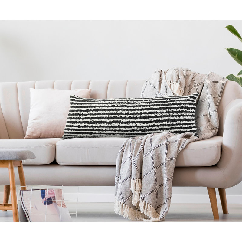 Black and Cream Striped Cotton Lumbar Pillow 14" x 36"