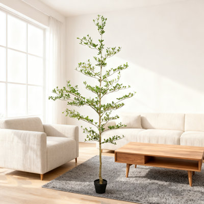 Arbre artificiel de 7 pi avec pot en plastique noir, grande plante réaliste réaliste pour la décoration de salon de bureau à domicile moderne, 1pc / ensemble
