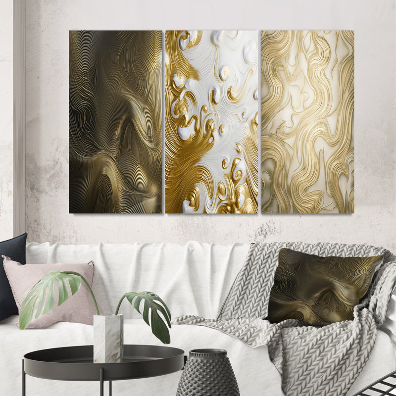 «Smooth Gold Elegant Minimal Retro Glam Wave», ensemble de 3 formes d'art abstraites, Toile tendue, H 32 po x l 48 po