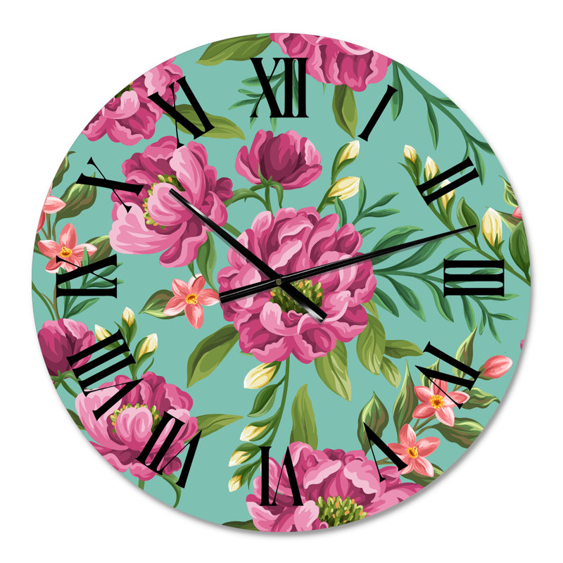 Fuchia fleurs sur vert VIntage - Horloge murale traditionnelle, Surdimensionné