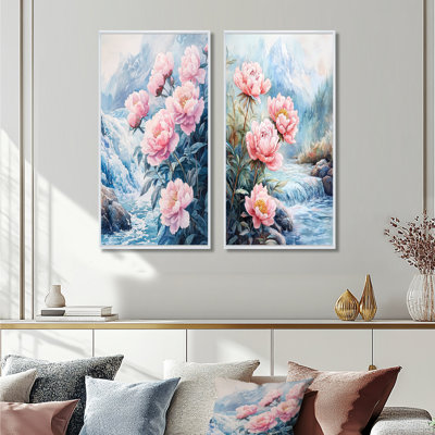 Pivoines hivernales et la rivière Glacier I - Art mural floral, collection 2 panneaux