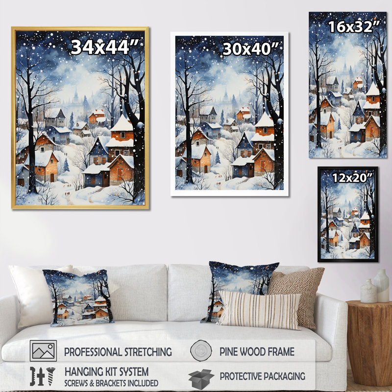 Harmony of Winter Village IV - Décoration murale paysage d'hiver, Cadre flottant noir, H 20 po x l 12 po x P 1 po