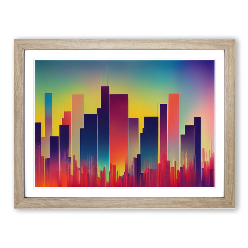 Snazzy Skyscraper Skyline Abstract - Single Picture Frame Print, 25cm H x 34cm W x 2cm D, Oak