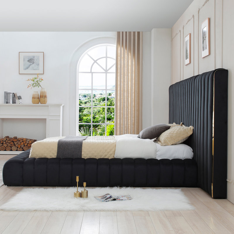 Everly Quinn Avalon Velvet Upholstered Platform Bed With Wings., King, Black