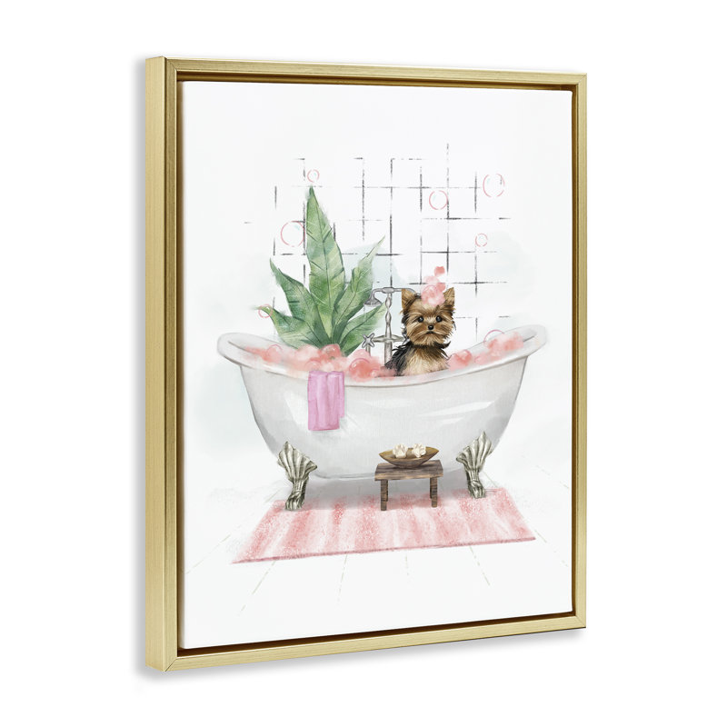  «Glam Pup in Tub» par Ziwei Li, H 21 po x l 17 po, Cadre flottant métallique doré