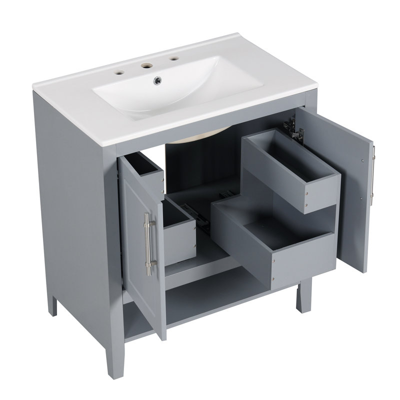 Meuble-lavabo 30 po avec lavabo, armoire de salle de bain multifonctionnelle avec portes et tiroirs, structure solide et panneau de fibres à densité moyenne