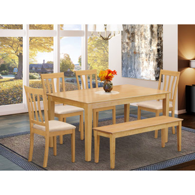 6 Piece Dining Table Set Contains a Rectangle Kitchen Table and 4 Linen Fabric Dining Chairs with a Bench, Oak