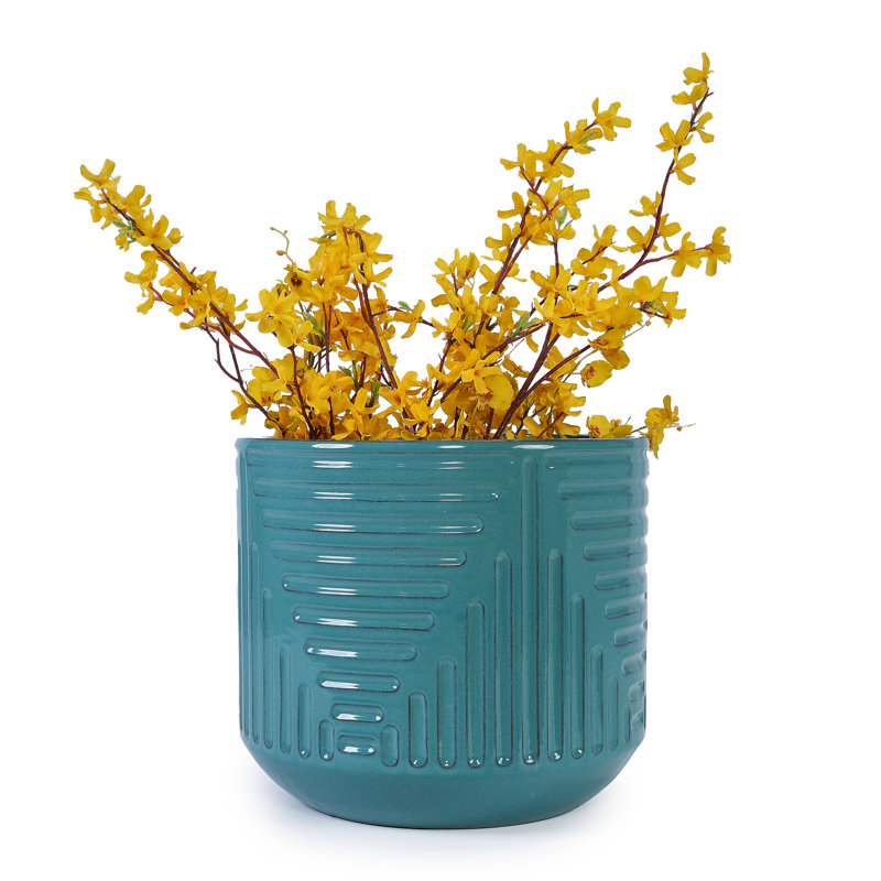 Modern Cyan Glossy Ceramic Flowerpot, Functional For Patio And Garden, Built - In Drainage Roots Planter Indoor Outdoor Spaces, Featuring Hole, Frost Weather