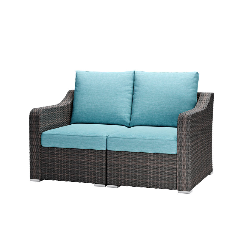 Loveseat Patio Rattan Sofa, Turquoise Cushion/Dark Brown Frame