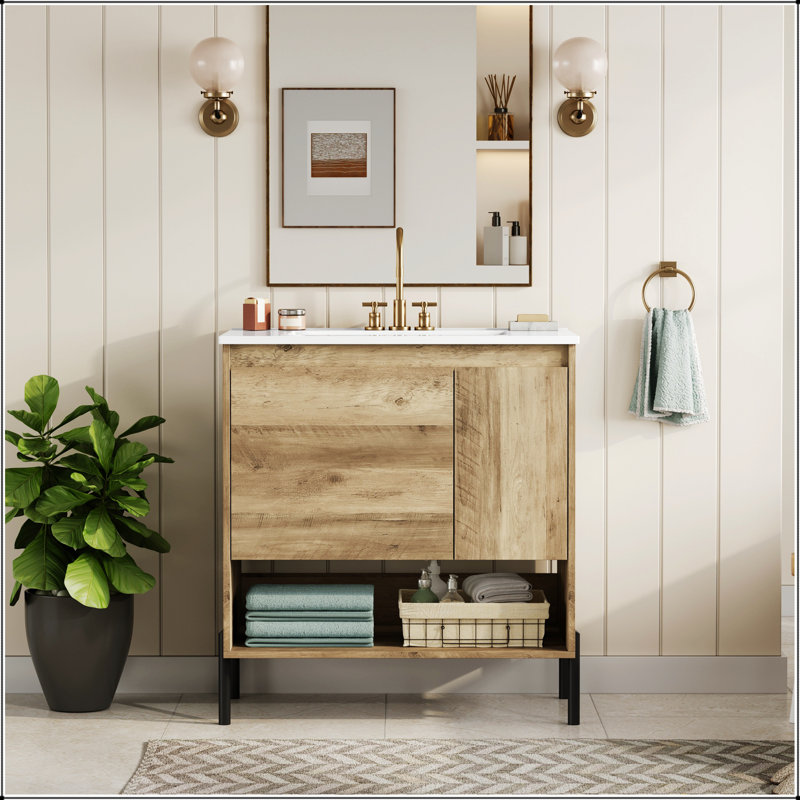 Meuble-lavabo moderne en bois de 30 po avec tiroir coulissant, tablette ouverte et lavabo en céramique pour un rangement efficace et une conception élégante