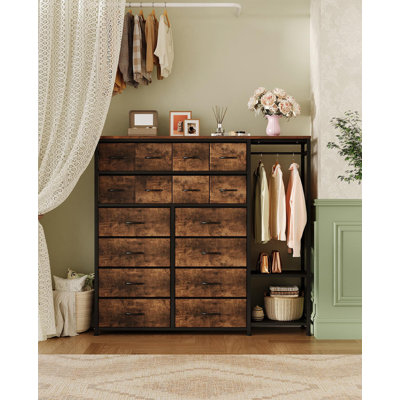 Tall Clothes Rack with 16 Drawers and Hanging Bar Heavy Duty Dresser Tower with 2 Shelves for Bedroom Organization
