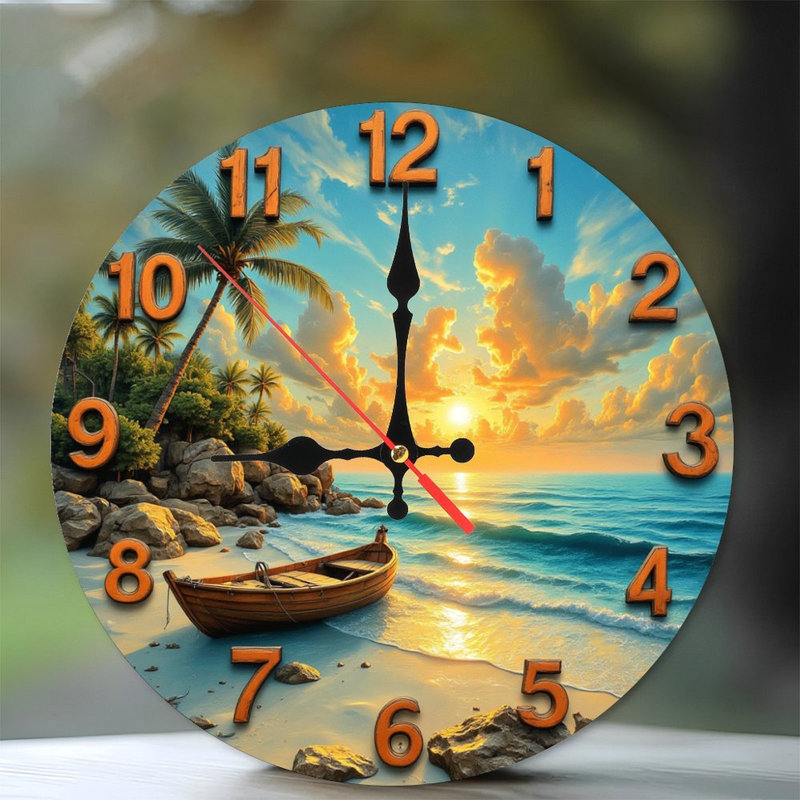 Plage, coucher de soleil, océan, horloge murale, île tropicale, bateau