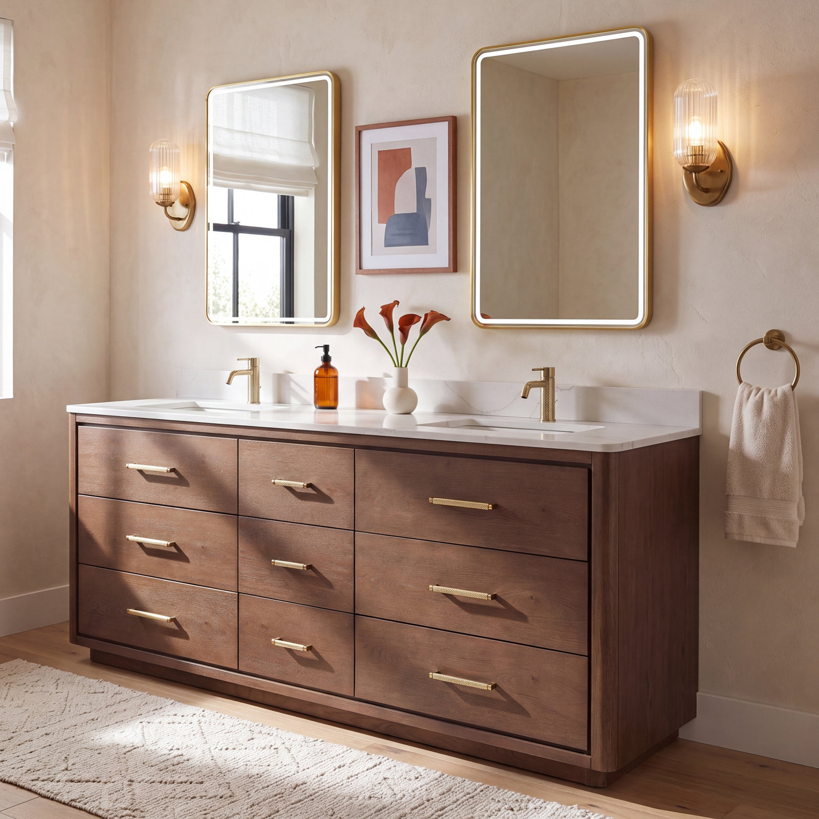 Porto 84'' Double Bathroom Vanity, Dark Brown Oak, Gold