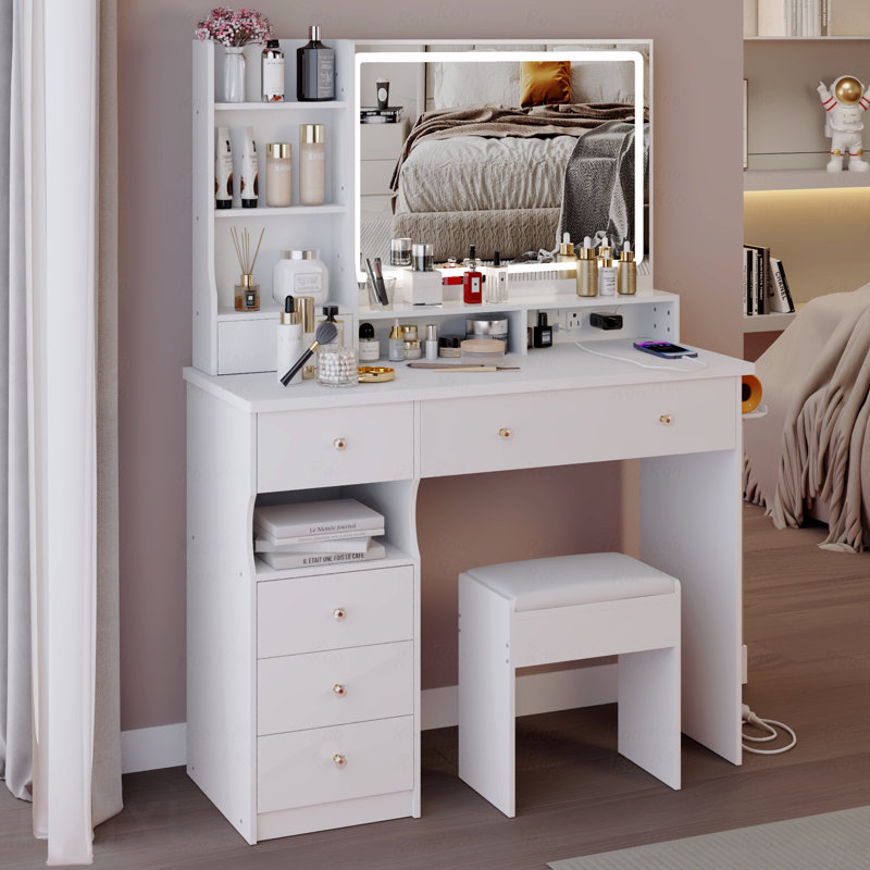 41" Large Size Left Drawer Desktop Vanity Table+Cushioned Stool Dresser Set, 2 Ac+2 Usb Power Station, Hair Dryer Stand, Extra Large Touch Control Led Mirror, 3-Color Switch, Epa, Gcc, Ul Certificate