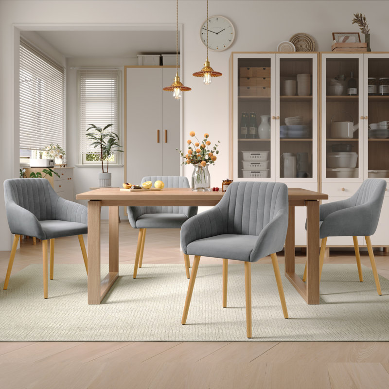 49.5cm H Upholstered Dining Chairs With Wooden Legs, Light Grey Velvet/Natural, 4