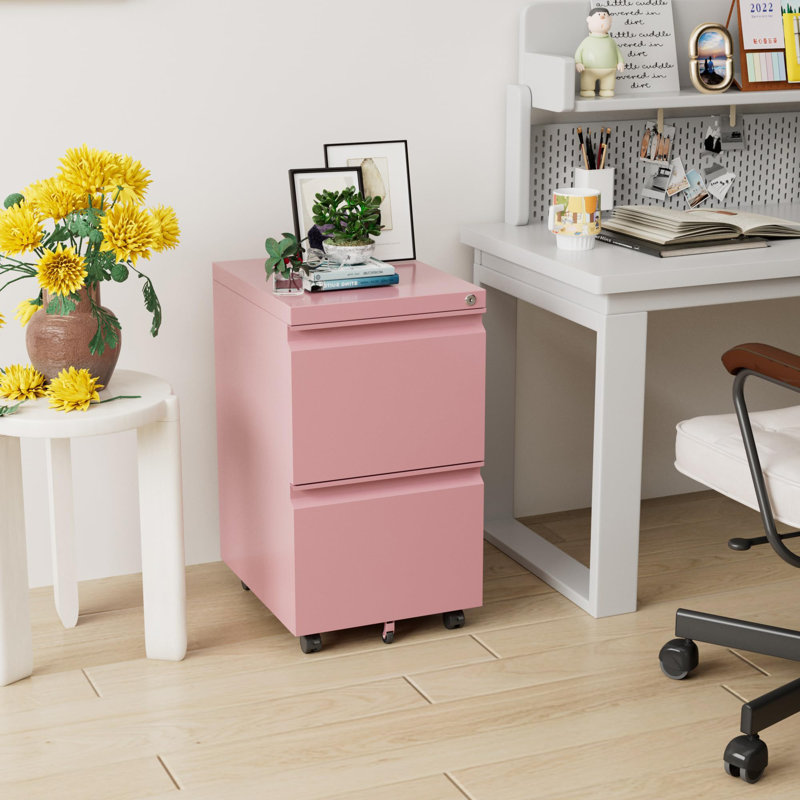 Kristiina 2-Drawer Mobile Vertical Filing Cabinet, Lockable Metal File Cabinet For Office Use, Pink