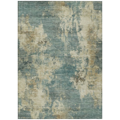 5' X 8' Teal Blue And Beige Abstract Washable Indoor Outdoor Area Rug