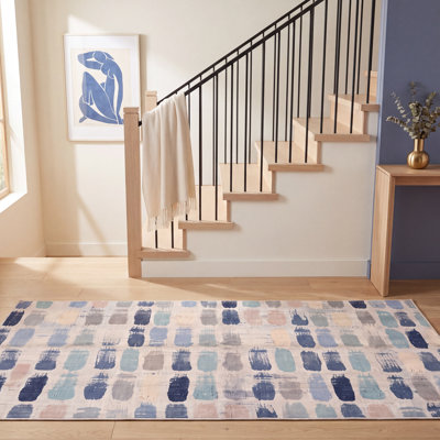 Tapis Clover moderne à rayures effet pinceau, bleu marine, turquoise, gris, crème et rose, lavable à la machine, antidérapant, à poils courts, pour l'intérieur et l'extérieur, adapté aux animaux domestiques, idéal pour le salon, la chambre, la salle à manger, l'entrée, le couloir ou le bureau.