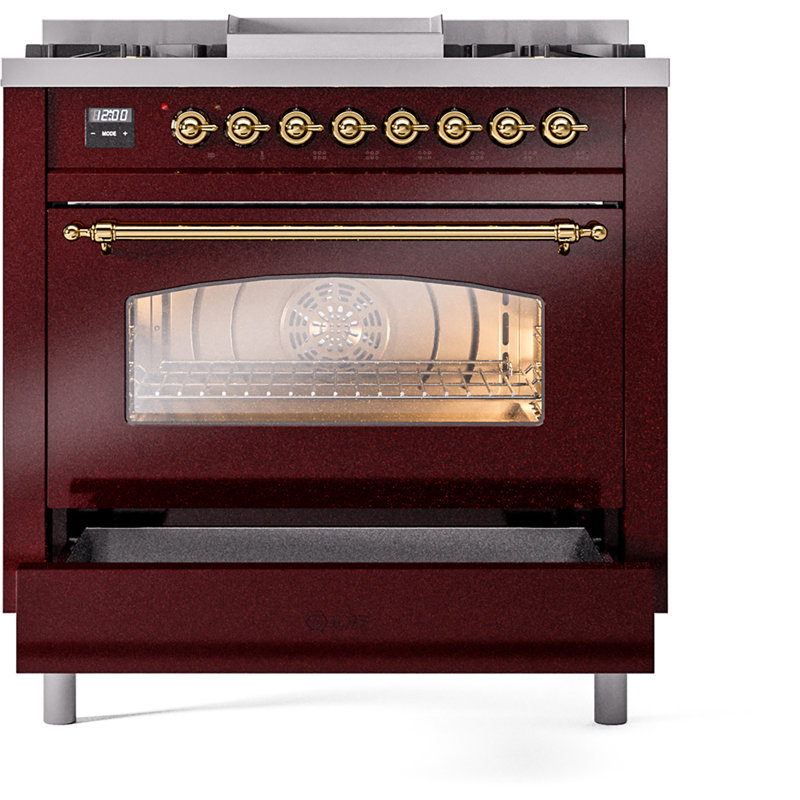 ILVE Nostalgie II 36 Dual Fuel Range, knobs, Burgundy/Brass, Liquid Propane