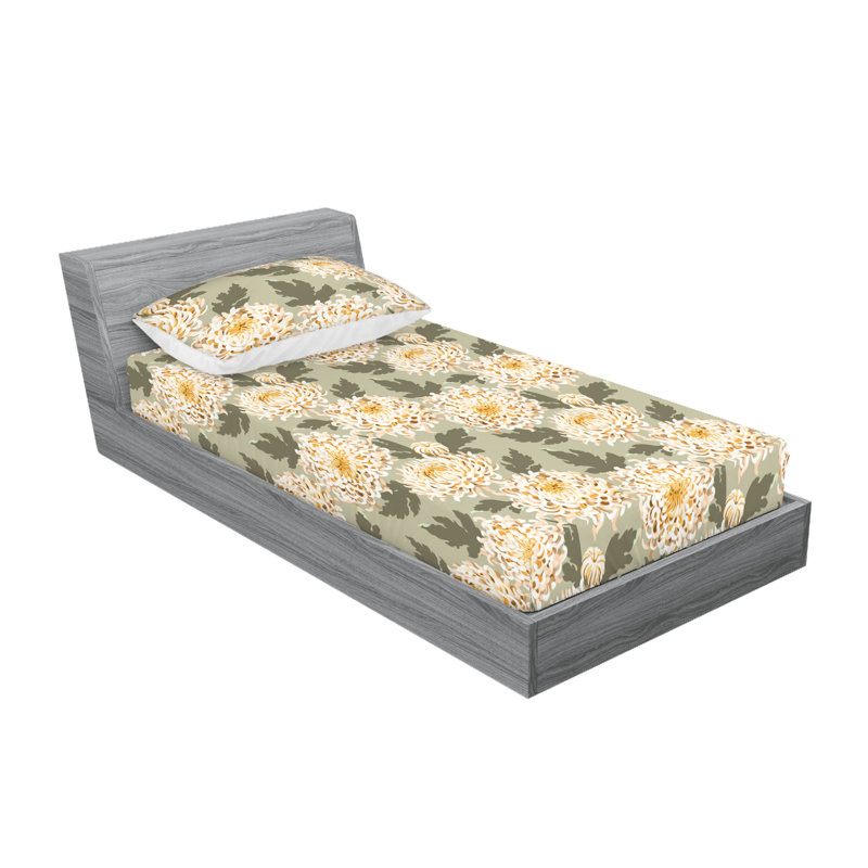 Drap-housse et taies décoratives 3 pièces Ambesonne, Moutarde / motif floral vert pistache